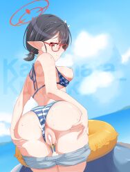 absurdres after_sex after_vaginal anus ass ayane_(blue_archive) ayane_(swimsuit)_(blue_archive) bikini bikini_bottom_aside bikini_top_pull black_hair blue_archive blue_bikini blue_sky breasts closed_mouth clothes_pull clothing_aside cum cum_in_pussy cumdrip day denim denim_shorts female from_behind glasses halo highres kacamata_kunink looking_at_viewer looking_back medium_breasts nipples outdoors pointy_ears pussy red_halo shorts shorts_pull sky solo striped_bikini striped_clothes swim_ring swimsuit two-tone_bikini uncensored white_bikini yellow_eyes