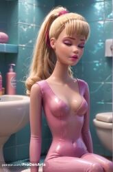 1girls ai_generated artist_name barbara_millicent_roberts barbie_(franchise) bathroom blonde_hair bodysuit breasts closed_eyes covered_navel covered_nipples disney eyeshadow hi_res indoors lips long_hair makeup patreon_username pink_bodysuit pixar ponytail progenarts sitting skin_tight small_breasts solo tile_wall toilet toy_story toy_story_2 web_address