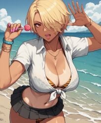 ai_generated ariels beach bracelet guilty_gear guilty_gear_strive gyaru lollipop mayihavesomeslops miniskirt tanline tied_shirt tiger_print tiger_print_bikini