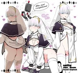 1boy ass balls blue_eyes blush erect_penis erection femboy light-skinned_male light_skin male male_only nagano_rira nier nier:_automata nipples penis short_hair small_balls small_penis testicles thick_thighs thighhighs trap white_hair yorha_9s