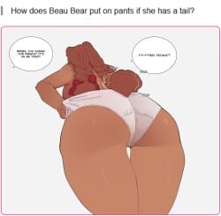 1girls ass bear_ears bear_girl bear_tail beau_(luxurias) brown_hair dialogue english_text female female_only hair_ribbon hi_res long_hair luxurias panties rear_view solo speech_bubble tail_wagging text thick_thighs thigh_gap twintails ursid ursid_humanoid viewed_from_below white_background