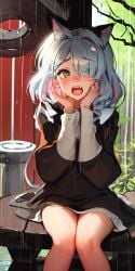 1girls ai_generated animal_ear_fluff animal_ears bangs bench black_dress blue_hair blush braid cat_ears cat_girl cat_tail colored_inner_hair crying crying_with_eyes_open dress extra_ears eyes_visible_through_hair fangs feet_out_of_frame green_eyes grey_hair hair_over_one_eye hands_on_own_cheeks hands_on_own_face hands_up knees_together_feet_apart long_hair long_sleeves looking_at_viewer medium_hair multicolored_hair natsuyoru oerba_yun_fang open_mouth outdoors pink_hair puffy_long_sleeves rain short_hair sitting solo tail tearing_up tears teeth tree two-tone_hair unnamed_character upper_teeth_only yellow_eyes