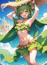 1girls :d ai_generated armpits arms_up bandeau bangle bangs bare_shoulders bikini bikini_skirt blue_sky blush bow bracelet breasts cape castle choker cloud collarbone day dutch_angle earrings feet_out_of_frame flower frills gold_trim green_bikini green_cape green_eyes green_hair green_skirt hairbow hands_on_headwear hat hat_flower highleg highleg_bikini holding jewelry looking_at_viewer medium_breasts midriff natsuyoru navel ocean open_mouth outdoors short_hair skirt sky small_breasts smile solo standing star_(symbol) star_earrings stomach strapless strapless_bikini straw_hat sun_hat swimsuit teeth thighs tube_top unnamed_character upper_teeth_only wading water