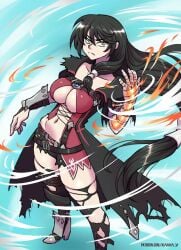 1girls bare_thighs big_breasts black_hair blush clothed clothing color female female_focus female_only hi_res kawa-v large_breasts light-skinned_female light_skin long_hair looking_at_viewer no_bra solo solo_female tagme tales_of_(series) tales_of_berseria thick_thighs velvet_crowe yellow_eyes