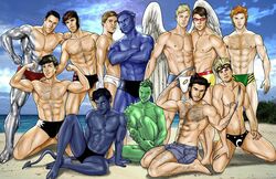 12boys abs alpha_flight angel_(x-men) anole banshee_(x-men) beach beast_(x-men) black_hair blonde_hair blue-skinned_male blue_skin blue_skinned_male bobby_drake body_hair brown_hair cannonball_(x-men) chin_pubes claws_out colossus cross_necklace cyclops_(x-men) dark facial_hair feathered_wings feet furry gambit gay goggles_on_forehead green-skinned_male green_skin hairy hairy_chest hairy_male hank_mccoy human humanoid iceman jean_shorts joe_phillips kneeling knees_apart_feet_together kurt_wagner light-skinned_male light_skin male male_nipples male_only marvel marvel_comics metal_skin metallic_body multiple_boys muscular muscular_male nightcrawler northstar outdoors pecs pose posing red_hair remy_lebeau retractable_claws sam_guthrie scott_summers sean_cassidy short_shorts sideburns smooth_skinned_male speedo superhero swimsuit swimwear tail transformation uncensor_request warren_worthington wings wolverine_(x-men) x-men yellow_eyes