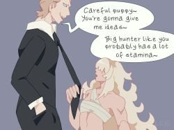 2boys 2d 2d_artwork _0_strawberrymilk_0_(artist) bigger_dom bigger_dom_smaller_sub blonde_hair blonde_hair_male clothed clothed_male cute cute_male dirty_talk doodle enemies english_text femboy flirting flustered gay grabbing grabbing_tie hair hair_over_eyes hunter_x_hunter long_hair looking_at_another older_dom_younger_sub original_character phinks_magcub puppyplay safe self_insert size_difference smaller_sub submissive submissive_femboy suit suit_and_tie teasing threatening tie tie_pull yaoi