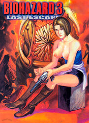 1monster boots breasts brown_hair capcom feet female grave_digger_(resident_evil) hands horror human jill_valentine jill_valentine_(julia_voth) looking_at_viewer max_foley monster nipples partially_clothed pistol poster resident_evil resident_evil_3 revolver shoes size_difference tagme wellingtons