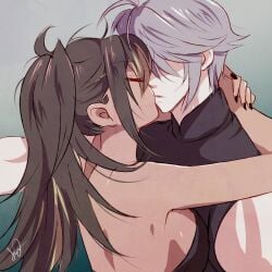 1boy 1girls alhaitham_(genshin_impact) arms_around_neck bare_back black_nails dehya_(genshin_impact) female genshin_impact grey_hair kissing light-skinned_male long_hair male male/female nail_polish ponytail sideboob straight tanned_female tanned_skin