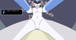 1boy 1girls bottom_pov deltarune dominant_female female femdom first_person_view larger_female original_artwork pov queen_(deltarune) questionable_consent riding straight