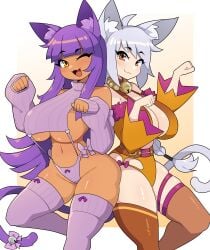 2girls big_breasts brown_eyes cat_ears cat_tail catgirl commission female female_only hi_res j5daigada legwear light-skinned_female light_blush light_skin long_hair looking_at_viewer neck_bell paw_pose purple_hair smiling smiling_at_viewer tail tail_bell tan_body thick_thighs thighhighs virgin_destroyer_sweater white_hair wink winking_at_viewer yellow_eyes