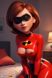 1girls ai_generated artist_name bed bodysuit breasts brown_hair cleavage cleavage_cutout clothing_cutout disney domino_mask elastigirl gloves helen_parr hi_res indoors latex lips mask medium_breasts nipple_slip nipples on_bed pillow pixar red_bodysuit rule34lab short_hair sitting solo superhero superheroine the_incredibles the_incredibles_2 v_arms