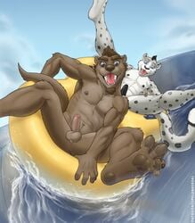 anthro armpit_hair balls duo facial_hair feline furry furry_only inner_tube jon_sanders male male_only mammal mustelid nipples nude otter pantherine pawpads penis snow_leopard spelunker_sal tsarin water water_slide webbed_feet yaoi