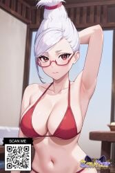 ai_generated arm_behind_head armpits arms_behind_head arms_up bangs bare_arms bare_shoulders bikini blush breasts clavicle cleavage closed_mouth clothing eyewear female female_only folded_ponytail glasses grey_hair hair_bun hair_ornament halterneck indoors large_breasts littlehentai long_hair looking_at_viewer medium_breasts navel parted_bangs parted_lips ponytail purah red-framed_eyewear red_bikini red_eyes red_swimsuit round_eyewear savitar savitar_(artist) semi-rimless_eyewear sidelocks solo stomach string_bikini swimsuit table thighs tied_hair white_hair