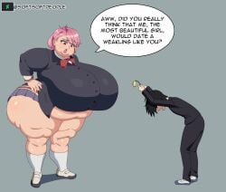 big_ass big_belly big_breasts big_butt dandadan dialogue dialogue_bubble fat_arms fat_girl fat_legs fat_woman femdom huge_ass huge_boobs huge_breasts humiliated humiliation obese open_mouth pink_hair school_uniform shiratori_aira_(dandadan) softsoft speech_bubble takakura_ken_(okarun) taller_female taller_girl thick_ass thick_thighs