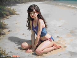 ai_generated barefoot beach curvy curvy_female d.va dark_hair face_markings feet gigatsu light-skinned_female light_skin long_hair overwatch panties pastel patreon sand sea seaside seductive seductive_look solo solo_female summer url vegetation watermark