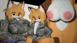 1gilrs 3d :3 anthro daftcritter fox fully_clothed furry half-dressed large_breasts naked nipples open_clothes open_shirt orange_fur orange_hair parker_(daftcritter) roblox robloxian self_upload sitting smug solo unamused uniform white_fur