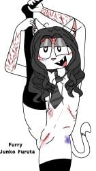 abused black_hair blood cat_ears cat_tail catgirl definitely_on_fbi_watchlist fangs felid feline feline_humanoid felis female female_only furrification furry furry_female furry_only junko_furuta legs legs_up legwear long_hair nude oc open_mouth original original_character partially_clothed pinup pussy real_person school_uniform sick_in_the_head_artist simple_background solo spread_legs svenniehoek thick_thighs thighhighs what white_background white_fur why