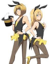 1boy 1boy1girl 1girls armin_arlert both_sexes_in_same_situation bunny_boy bunny_costume bunny_ears bunny_girl bunnysuit christa_lenz cuff_links doves hand_on_hip high_heels historia_reiss pantyhose rumia_(compacthuman) sassy skirt top_hat upskirt usamin vest visible_underwear wrist_cuffs