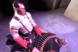 2boys 3d animated bald bandolier black_hair facial_hair fingerless_gloves gif glasses gloves heavy_(team_fortress_2) heavy_weapons_guy herrknave holding_hand humping male medic medic_(team_fortress_2) rubbing straddling suspenders team_fortress_2 teasing yaoi