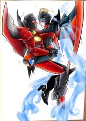 1boy 1girls ambiguous_penetration axylh_art blue_eyes blush mechanical_wings red_eyes red_lipstick robot robot_girl robot_humanoid sex starscream transformers transformers_idw windblade wings