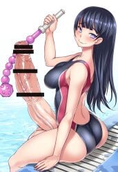 bar_censor bosshi censored erection futanari heart-shaped_pupils looking_at_viewer penis swimsuit testicles