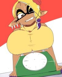 1girls big_breasts breasts breasts_bigger_than_head chicken_rib ear_piercing female frye_(splatoon) inkling inkling_girl nintendo scale splatoon splatoon_(series) splatoon_3 tentacle_hair weighing_breasts yellow_hair yellow_shirt