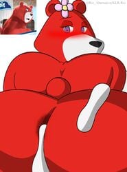 anthro anus ass blush breasts charmin charmin_ultra_soft_mom cum cum_in_ass cum_inside cum_on_butt female flower fur hi_res invalid_tag klr-rio looking_at_viewer looking_back mammal mascot nude plant red_fur simple_background solo ursine