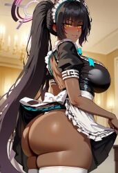 1girls ai_generated ass ass_focus big_breasts black_hair blue_archive breasts dark-skinned_female female female_focus female_only huge_ass huge_breasts karin_(blue_archive) large_breasts long_hair looking_at_viewer maid maid_uniform smiling smiling_at_viewer yellow_eyes