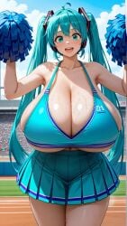 1girls ai_generated big_breasts blue_eyes blue_hair breasts cheerleader cheerleader_outfit cheerleader_uniform cleavage collarbone female female_only gigantic_breasts hatsune_miku huge_breasts jiuyang-hsien large_breasts long_hair massive_breasts pleated_skirt pom_poms solo vocaloid