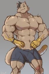 anthro biceps big_muscles big_pecs big_penis black_hair bottomwear bottomwear_pull clock clothing clothing_pull domestic_cat epic_games felid feline felis fortnite genitals hair hand_on_belly hi_res long_penis looking_at_viewer male mammal meowdas muscular muscular_anthro muscular_male pecs penis penis_poking_out riu_pit shorts shorts_pull simple_background smile smiling_at_viewer smirk smirking_at_viewer solo tail tight_bottomwear tight_clothing tight_fit tight_shorts watch wristwatch