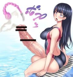 bar_censor blush bosshi censored cum ejaculation erection futanari heart-shaped_pupils open_mouth paizuri penis swimsuit testicles tongue_out