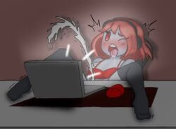 grey_skin masturbation player_(underplayer) red_eyes red_hair squirting thighhighs underplayer