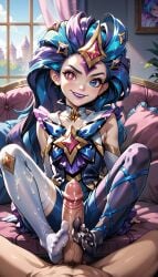 ai_generated blue_eyes blue_hair cum cum_on_body elbow_gloves footjob gloves hair_ornament heterochromia league_of_legends lipstick long_hair multicolored_hair pink_eyes purple_hair riot_games star_guardian_series star_guardian_zoe thighhighs zoe_(league_of_legends)