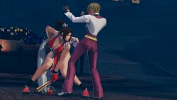 ass bending_forward bending_over bent_over big_ass big_breasts blonde_hair brown_eyes brown_hair busty earrings fan female from_behind gloves japanese japanese_clothes king_(snk) king_of_fighters legs_spread light-skinned_female light_skin long_hair mai_shiranui night outdoors outside pants short_hair smile spread_legs standing tail thick_thighs thighs tied_hair voluptuous wide_hips