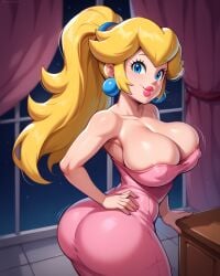 ai_generated ass blue_eyes cleavage earrings large_breasts lips lipstick looking_at_viewer looking_back mario_(series) nipple_bulge ponytail princess_peach stable_diffusion tight_clothing tight_dress