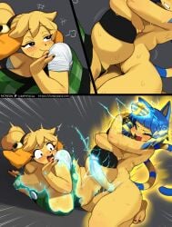 1futa 2girls animal_crossing ankha ankha_(animal_crossing) bottom bottoming canine cock_transformation feline female female_on_bottom furry furry_female futa_on_female futa_on_top futanari futanari futanari_transformation grabbing_leg holding_leg isabelle_(animal_crossing) lightning lumpypaca lumpypacas nintendo