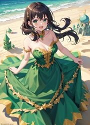 1girls :d ai_generated armlet bangs bare_shoulders beach black_hair blush breasts brown_hair cleavage collarbone crossed_bangs day detached_collar dress earrings floating_hair gem gold_trim green_dress green_eyes hair_between_eyes hair_ornament jewelry large_breasts long_dress long_hair looking_at_viewer medium_breasts natsuyoru neck_ring ocean open_mouth outdoors sand sand_castle sand_sculpture skirt_hold smile solo standing strapless strapless_dress teeth unnamed_character upper_teeth_only water