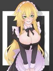 big_breasts blonde_female blonde_hair blonde_hair blonde_hair_female breasts_out cuffs_(clothing) frederica_baumann green_eyes huge_breasts krejzart maid maid_apron maid_headdress maid_outfit maid_uniform nipple_out nipples nipples_outside re:zero_kara_hajimeru_isekai_seikatsu sharp_teeth very_long_hair