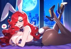 1female 1girls ai_generated anemoi ass booty breasts bunny_costume bunny_ears bunny_girl bunny_tail bunnysuit butt curvaceous curvy curvy_female curvy_figure female from_side high_heels laying_down league_of_legends long_hair looking_at_viewer miss_fortune on_stomach pantyhose playboy_bunny red_hair riot_games sarah_fortune seductive seductive_look seductive_pose side_view solo solo_female solo_focus spoken_heart thick_ass tights