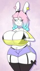 1boy 9:16 anthro bell_collar belly_button big_breasts bikini black_thighhighs blue_eyes blue_hair bra breast_grab breasts breasts_bigger_than_head bunny_boy bunny_tail cleavage dolphin_shorts ear_piercing fingernails furry garter_straps grabbing_own_breast gradient_hair huge_breasts looking_at_viewer male multicolored_hair original original_character peanut_butter_(theycallhimcake) piercings pink_hair rabbit_boy rabbit_ears rabbit_tail see-through_clothing shorter_than_10_seconds shorts solo standing tagme thick_thighs thighhighs vertical_video video whiffyplush white_body wide_hips