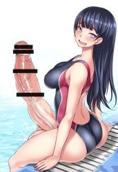 bar_censor bosshi censored erection futanari heart-shaped_pupils looking_at_viewer open_mouth penis swimsuit testicles