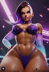 3d ai_generated big_ass big_breasts bra cameltoe cock_ring cum cum_in_mouth cum_on_face dark-skinned_male latina multicolored_hair overwatch overwatch_2 pornlandlord purple_background purple_eyes shorts sombra thick thick_thighs wet