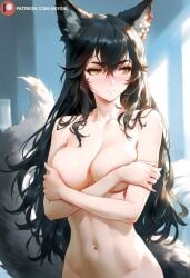 1girls ai_generated akyoi animal_ears arknights bedroom big_breasts black_hair blush breasts cat_ears completely_nude female fox_tail grabbing light-skinned_female light_skin long_hair looking_away navel nervous nervous_smile patreon shy solo solo_female tail texas_(arknights) yellow_eyes