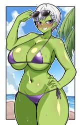 1girls big_breasts bikini bikini_bottom blush bottomwear breasts cheelai cleavage dragon_ball female female_only green_body green_skin hair hand_on_hip headwear hips huge_breasts iriomote_umineko purple_bikini purple_eyes short_hair smile solo solo_female sunglasses sunglasses_on_head sweat sweatdrop swimwear thighs topwear white_hair