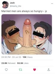 3boys big_balls big_penis blush blush_lines blushing blushing_at_viewer english_text gay huge_cock pubic_hair saliva sucking_balls sucking_testicles text toumaart veiny_penis wedding_ring