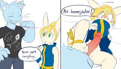 big_penis blush blushbutt clothing comic duo erection feline female green_eyes lagomorph liten male mammal penis raised_leg simple_background size_difference straight swedish_text text translated