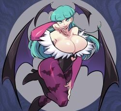 clothing darkstalkers green_hair hand_on_hip hands_on_hips horn horns leggings long_hair medium_breasts missandydandy morrigan_aensland pink_leggings red_fingernails shoulders smile smiling succubus