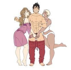 1boy 2girls ball_fondling ball_grab cfnm clothed_female_nude_male femdom grabbing_balls grabbing_penis groping ichan pandaah_edits penis_grab