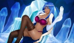 belly_piercing blue_eyes blue_hair bra dark_skin dildo eira_(fap_ceo) elbow_gloves fap_ceo ice lingerie naked_stockings nutaku panties purple_lingerie stockings