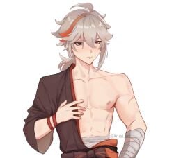 abs arupi_art kaedehara_kazuha male male_only muscles nipples ponytail shirtless_male